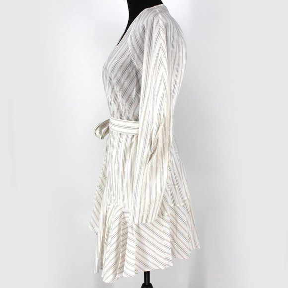 A.L.C. Enzo White Poplin Cotton Stripe Long Sleeve Wrap Dress 10 NEW Mini V-Neck - Picture 5 of 9